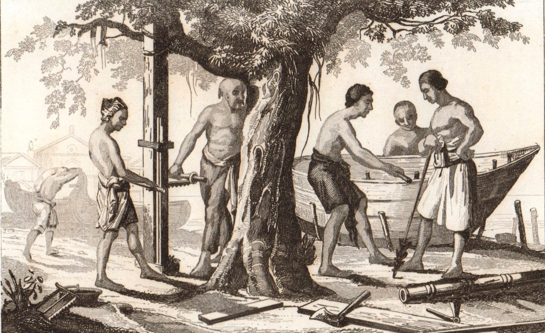 Construction Yard. Tomor. 1836.: Print of steel engraving titled „Chantier de Construction“. Drawn by Danvin. Engraved by Peronan. From „l‘Univers pittoresque histoire et description de tous les peuples. Oceanie ou cinquieme 