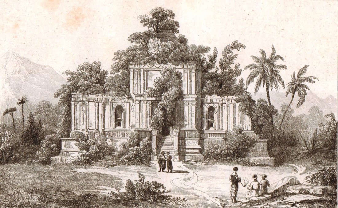 Prambanan Temple. Malaysia. 1836.: Print of steel engraving titled „Temple de Brambanon“. Drawn by Danvin. Engraved by Chollet. From „l‘Univers pittoresque histoire et description de tous les peuples. Oceanie ou cinquieme parti