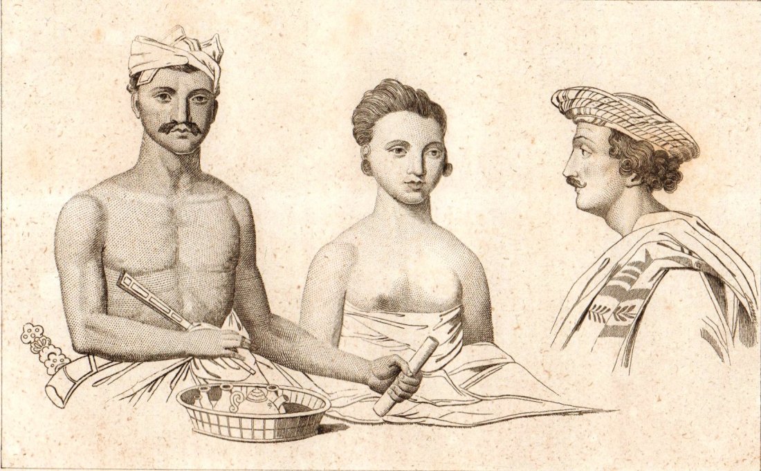 Inhabitants. Ramadan-Roy. Bali. Indonesia. 1836.: Print of steel engraving titled „Habitants. Ramahan-Roy“. Drawn by Danvin. Engraved by Cazenave. From „l‘Univers pittoresque histoire et description de tous les peuples. Oceanie ou cinquieme p
