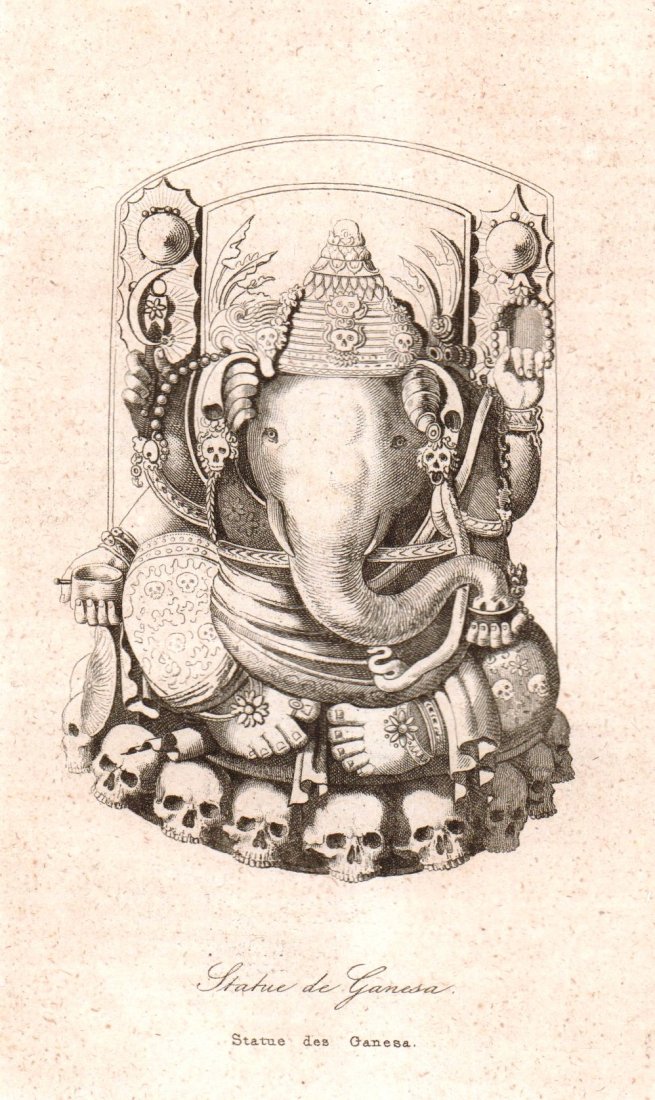 Statue of Ganesh. Timor. 1836.: Print of steel engraving titled „Statue de Ganesa“. Drawn by Danvin. Engraved by Peronan. From „l‘Univers pittoresque histoire et description de tous les peuples. Oceanie ou cinquieme partie d