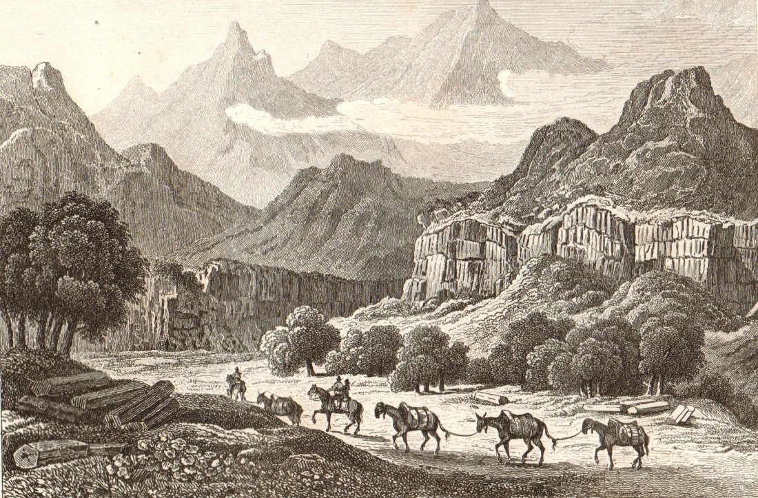 Basalts rocks at Rio Torbido. Chile. South America.: Basalts rocks at Rio Torbido. Chile. South America. 1856. Print of steel engraving titled „Basaltes du Rio Torbido“. Drawn by Vander-Burch. Engraved by Desaulx. From „l‘Univers. Histoire et De