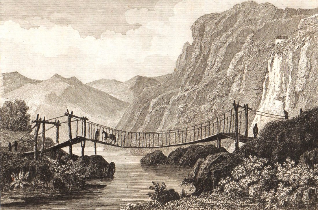 Hanging bridge of Cimbra. Chile. South America. 1856.: Print of steel engraving titled „Pont Suspendu de Cimbra“. Drawn by Arnout. Engraved by unknown. From „l‘Univers. Histoire et Description de tous les peuples. Amerique Meridionale, iles divers