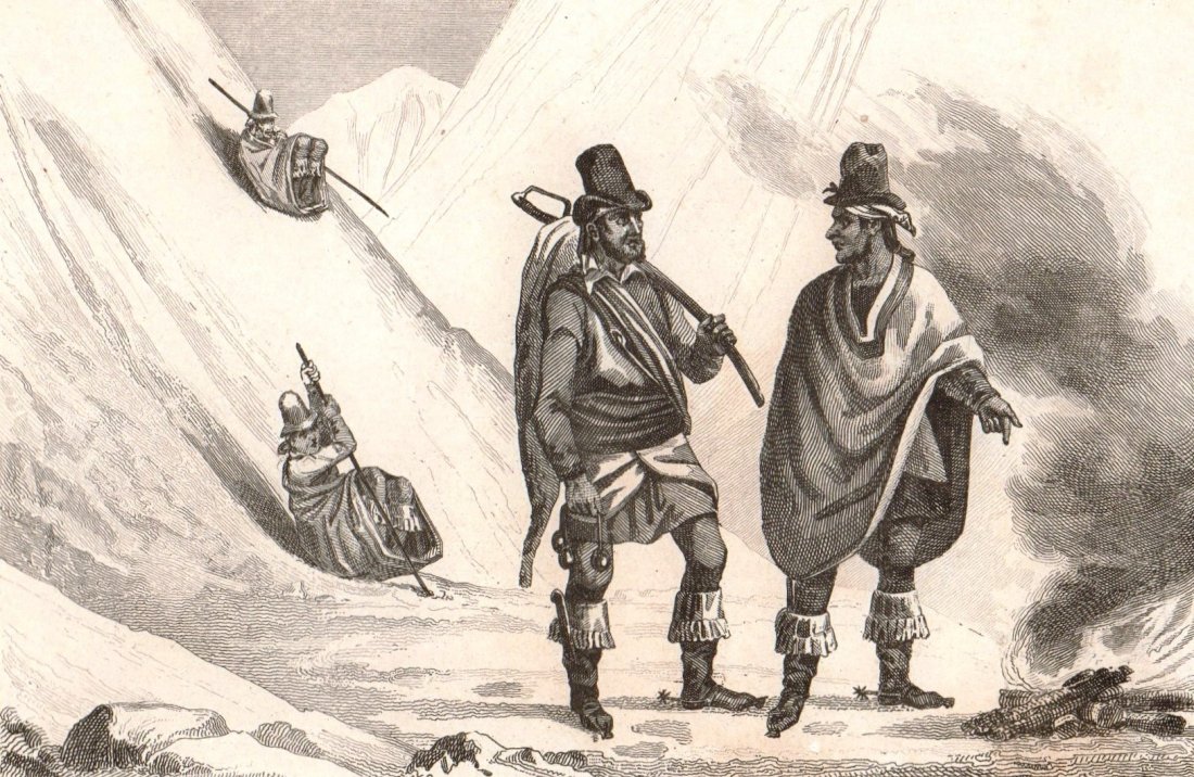 Peons going down the Cordilleras. Chile. South America.: Peons going down the Cordilleras. Chile. South America. 1856. Print of steel engraving titled „Peons descendant les Cordilleres“. Drawn by Vernier. Engraved by Montaut. From „l‘Univers. Histoi
