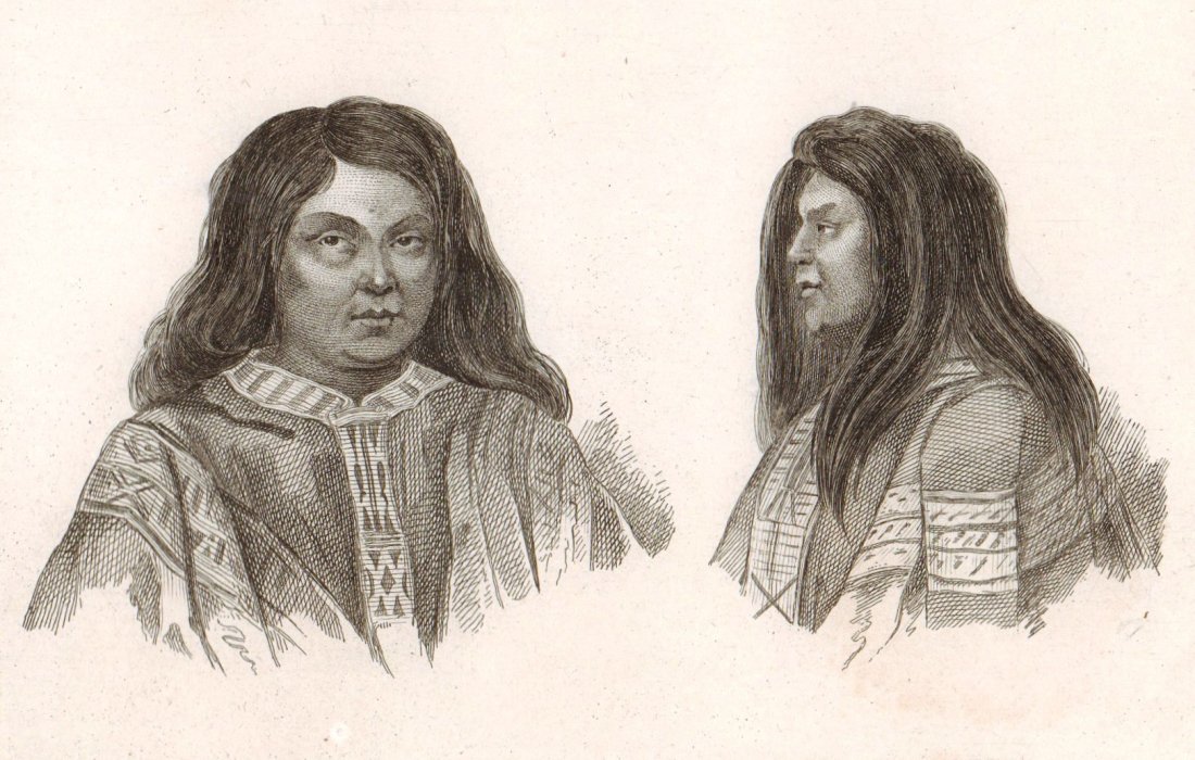 Portraits of Arancans. Chile. South America. 1856.: Print of steel engraving titled „Portraits d‘Arancans“. Drawn by Vernier. Engraved by Masard. From „l‘Univers. Histoire et Description de tous les peuples. Amerique Meridionale, iles diverse
