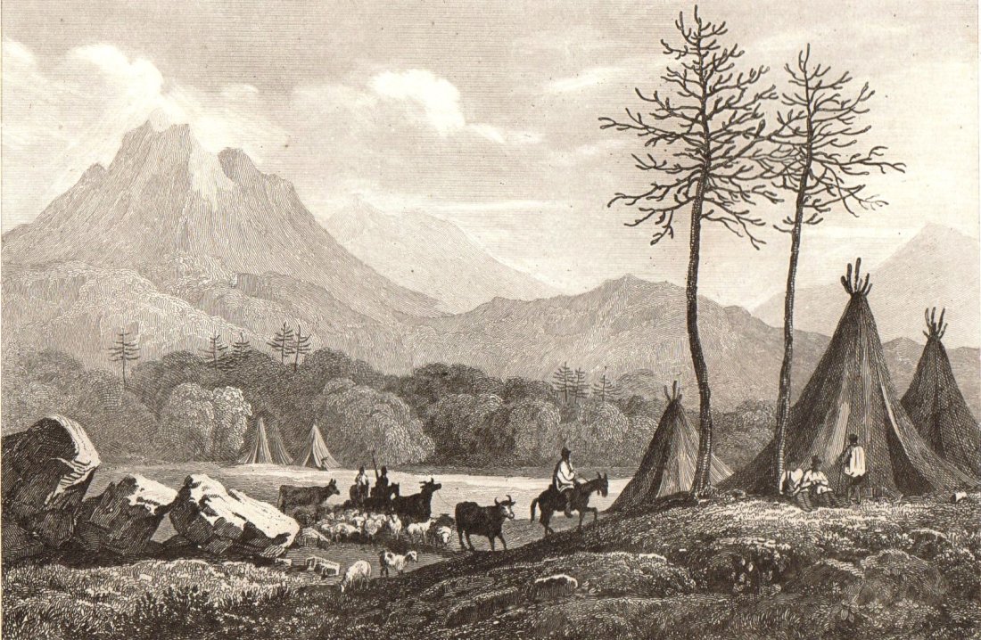 Huts of Pehuenches. Chile. South America. 1856.: Print of steel engraving titled „Hutes de Pehuenches“. Drawn by Vander-burch. Engraved by S. Cholet. From „l‘Univers. Histoire et Description de tous les peuples. Amerique Meridionale, iles di