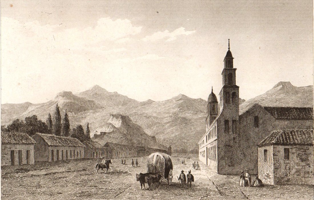 View of Santiago. Chile. South America. 1856.: Print of steel engraving titled „La Canada a Santiago“. Drawn by Arnout. Engraved by Traversier. From „l‘Univers. Histoire et Description de tous les peuples. Amerique Meridionale, iles divers