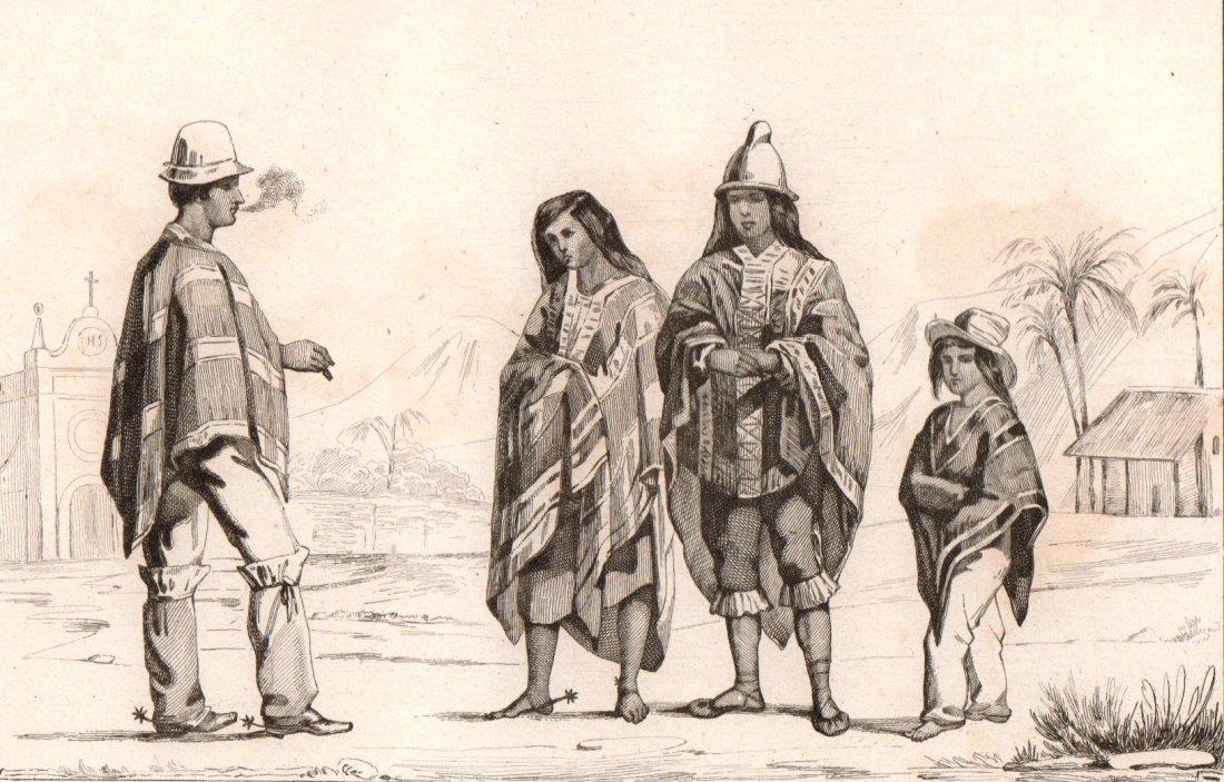 Costume of Chilean people. Chile. South America. 1856.: Print of steel engraving titled „Costumes du peuple Chilien“. Drawn by Vernier. Engraved by M. Lesueur. From „l‘Univers. Histoire et Description de tous les peuples. Amerique Meridionale, iles