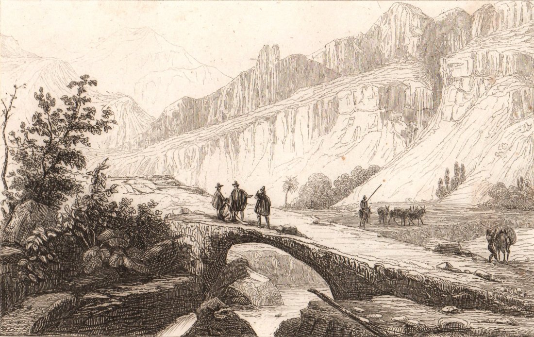 Inca Bridge. Road from Santiago to Mendoza.: Inca Bridge. Road from Santiago to Mendoza. South America. 1856. Print of steel engraving titled „Pont de l‘Inca“. Drawn by Danvin. Engraved by unknown. From „l‘Univers. Histoire et Descript