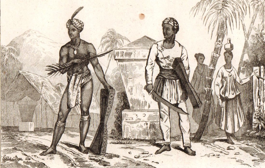 Warriors Costumes. Celebes island. Indonesia. 1863.: Print of steel engraving titled „Costumes de Guerriers“. Drawn by Danvin. Engraved by Joliot. From „l‘Univers pittoresque histoire et description de tous les peuples. De leurs Religions, Moeur