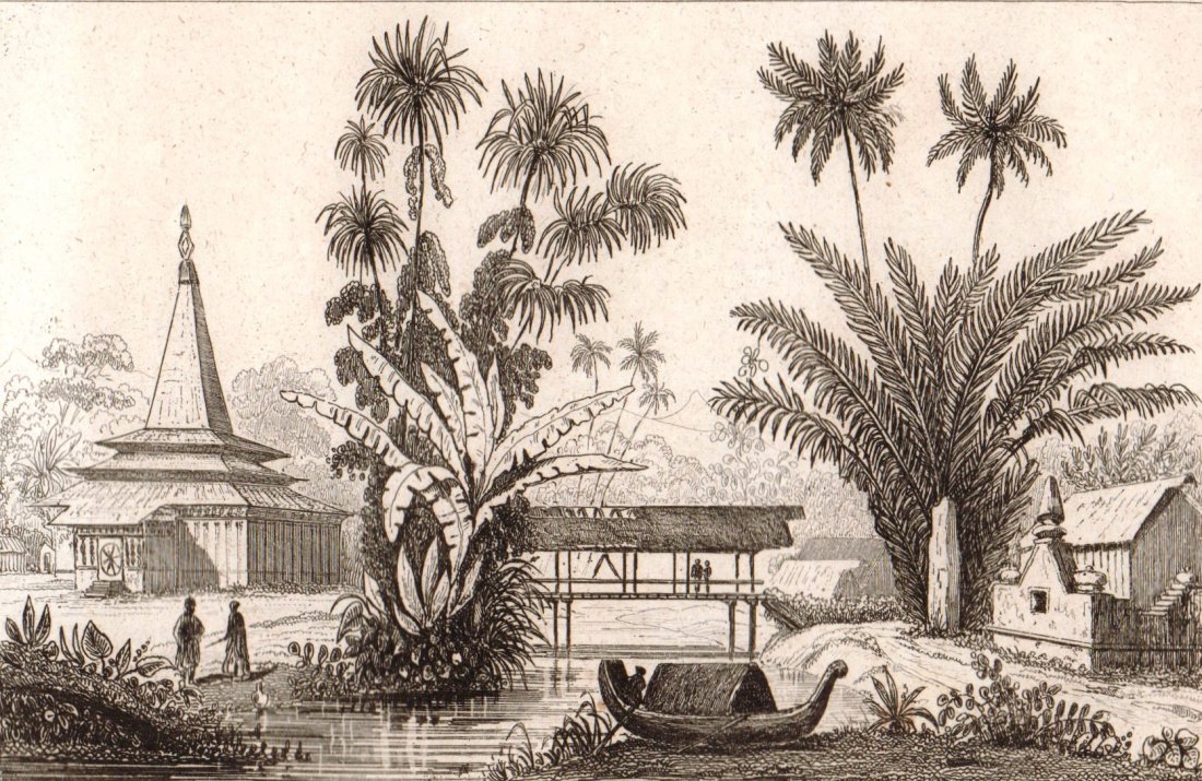 Tombs. Ambon island. Indonesia. 1863.: Print of steel engraving titled „Tombeaux“. Drawn by Danvin. Engraved by Joliot. From „l‘Univers pittoresque histoire et description de tous les peuples. De leurs Religions, Moeurs, etc. Publi