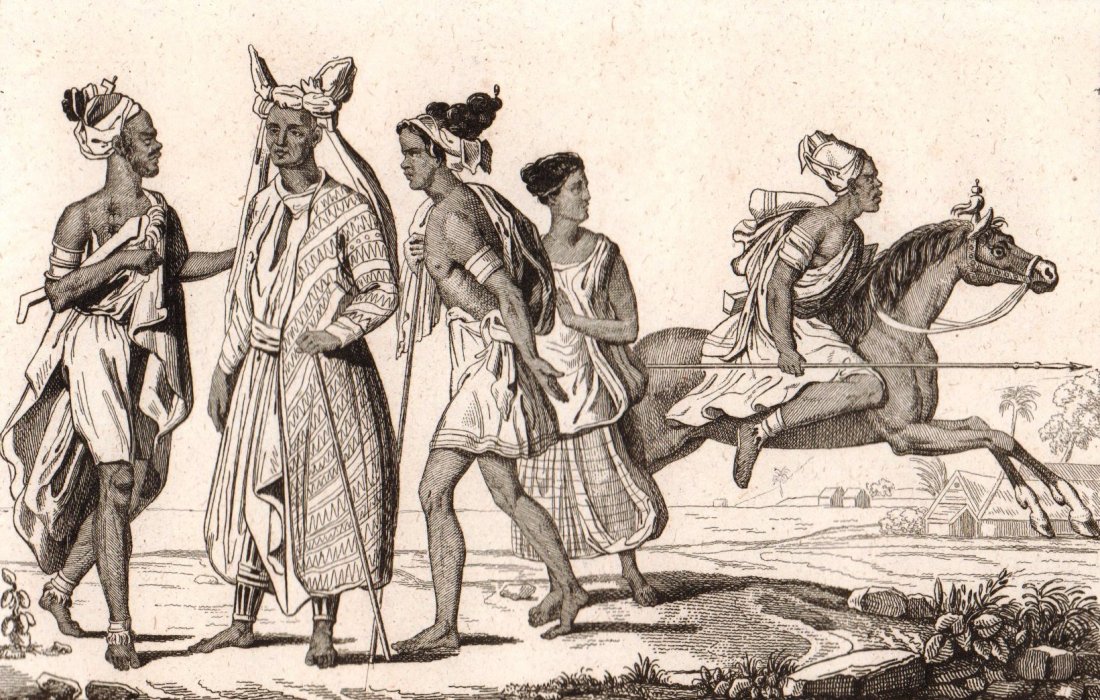 Costumes. Tomor island. 1863.: Print of steel engraving titled „Costumes“. Drawn by Danvin. Engraved by Lebas. From „l‘Univers pittoresque histoire et description de tous les peuples. De leurs Religions, Moeurs, etc. Publis