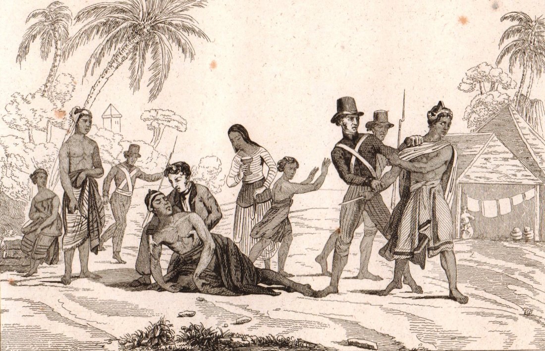 Murder scene. Tomor island. 1863.: Print of steel engraving titled „Pampok ou scene d‘assassinat“. Drawn by Danvin. Engraved by Lebas. From „l‘Univers pittoresque histoire et description de tous les peuples. De leurs Religion