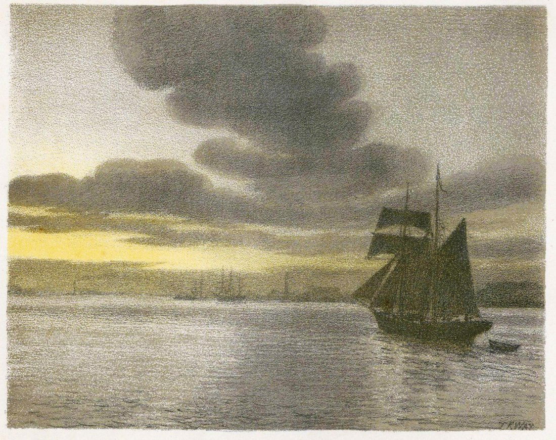 Thomas Robert Way. The Lower Thames. England. ~ 1905.: Lithography titled „The Lower Thames“. Author Thomas Robert Way.Notes: Tre Studio London.Thomas Robert Way (1861 - 1913) was an English painter of landscapes and portraits, lithographer and printe