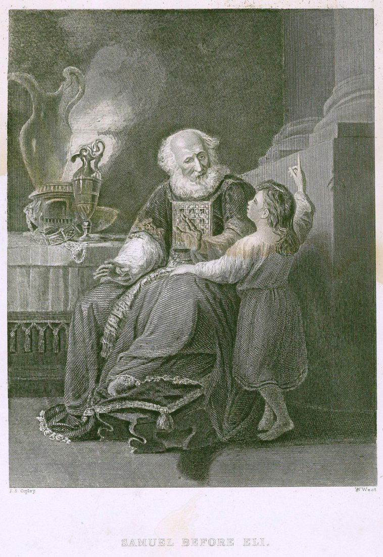 Samuel before Eli. Jewish Judaism religion. 1830.: Print from steel engraving titled, „Samuel before Eli“. Artist John Singleton Copley.Engraved by W. West.Samuel literally meaning "Name of God" in Hebrew, is a leader of ancient Israel in the Book