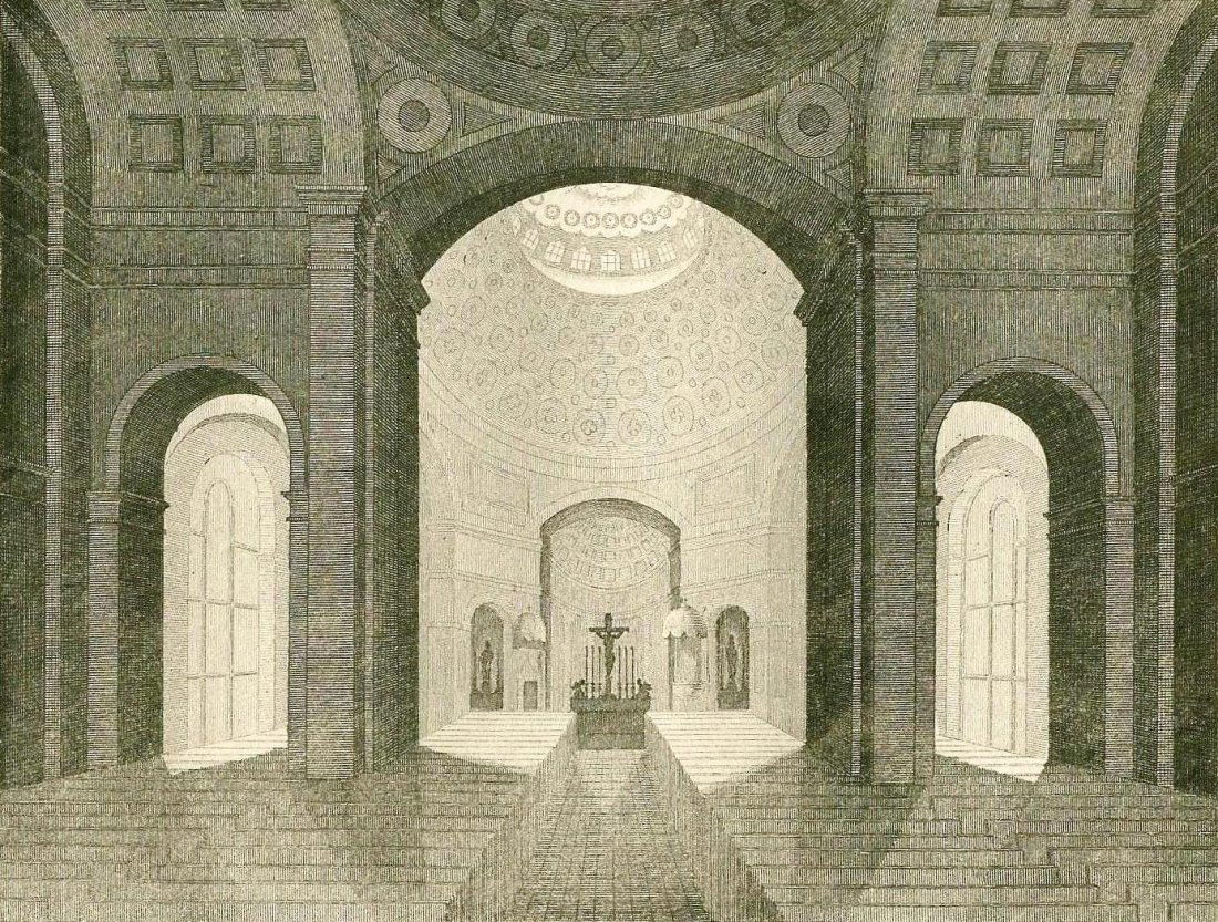 Catholic Cathedral in Baltimore. 1840.: Print from steel engraving titled, „Cathedrale Catholique a Baltimore“. Drawn by Lefuel. Engraved by Durau. Notes: Etats – unis. 33. The Metropolitan Archdiocese of Baltimore (Latin: Archidioece