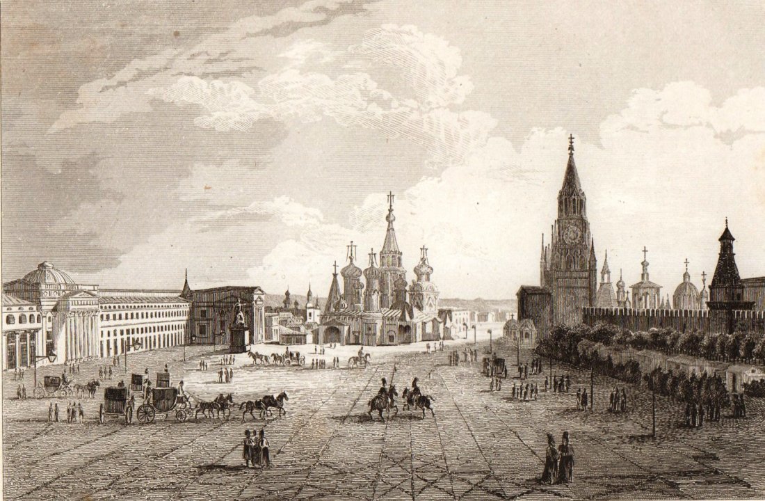 Place of Stores. Moscow. Russia. 1838.: Print of steel engraving titled „Place des Boutiques“. Drawn by Cadolle. Engraved by Traverssier. From „Russie par M. Chopin. Tome Deuxieme contenant La fin de la Russie D‘Europe, Y compris La