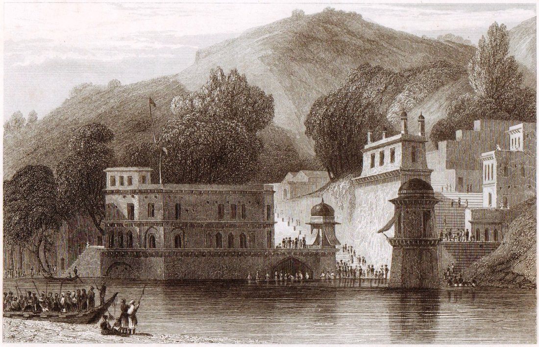 Hurdwar. India. 1845.: Print of steel engraving titled „Ghat de Hurdwar“. Drawn by unknown. Engraved by unknown. From „Inde, par M. Dubois de Jancigny, aide de camp du roi d‘oude, Et par M. Xavier Raymond, attache a