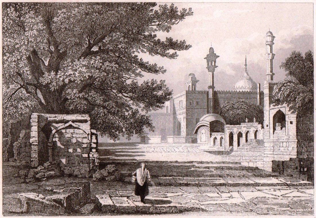 Tomb of Aurangzeb. India. 1845.: Print of steel engraving titled „Tombeau d’Aurengzeb“. Drawn by unknown. Engraved by unknown. From „Inde, par M. Dubois de Jancigny, aide de camp du roi d‘oude, Et par M. Xavier Raymond, att