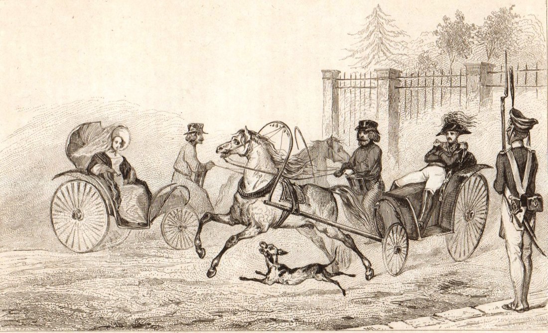 Droschki. Russia. 1838.: Print of steel engraving titled „Droschki“. Drawn by Vernier. Engraved by Chaillot. From „Russie par M. Chopin. Tome Deuxieme contenant La fin de la Russie D‘Europe, Y compris La Crimee, par M