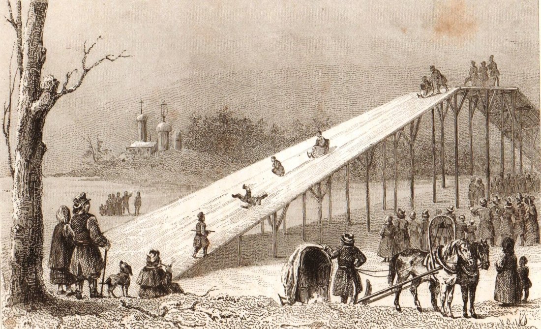 Russian mountains. Russia. 1838.: Print of steel engraving titled „Montagnes Russes“. Drawn by Vernier. Engraved by unknown. From „Russie par M. Chopin. Tome Deuxieme contenant La fin de la Russie D‘Europe, Y compris La Crimee