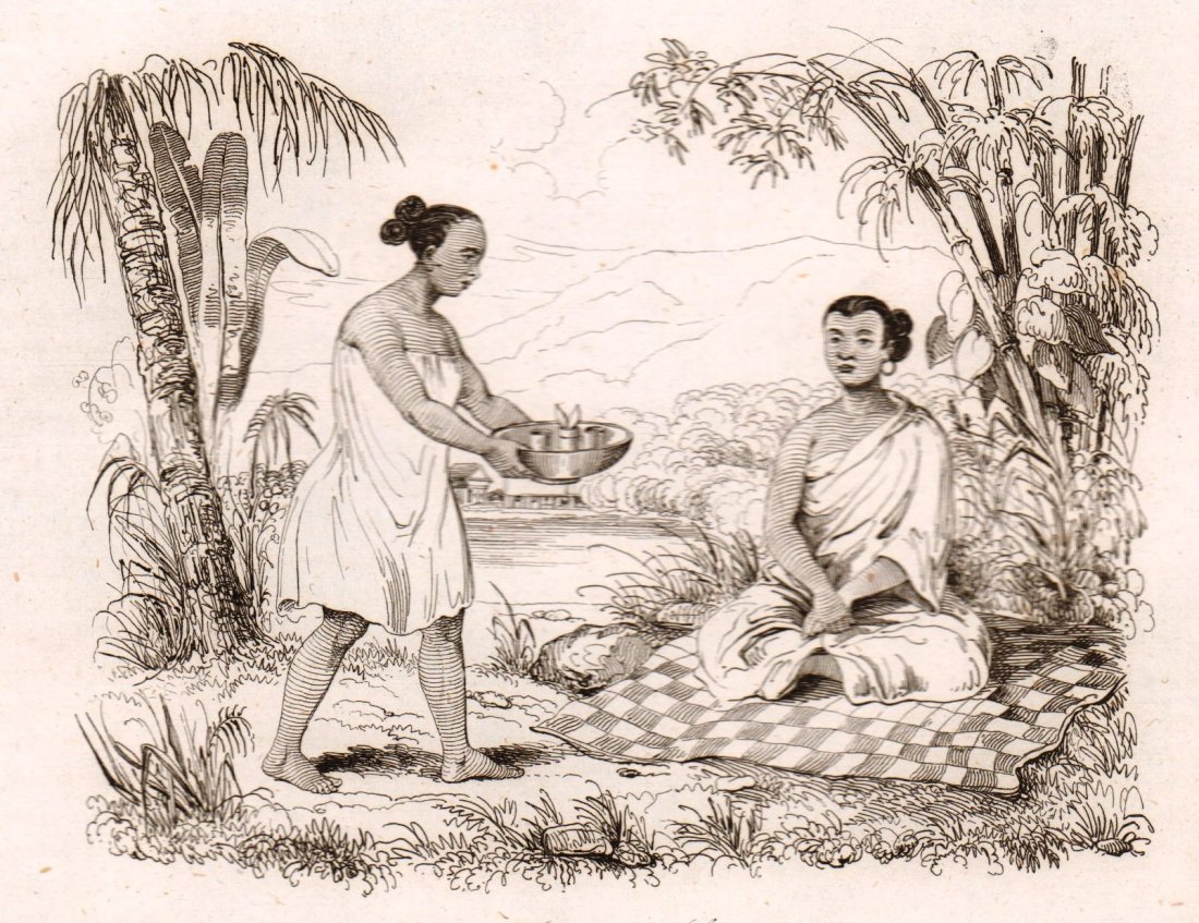 Women of Sumatra. Indonesia. 1835.: Print of steel engraving titled „Femmes de Sumatra“. Drawn by unknown. Engraved by unknown. From „Voyage pittoresque autour du monde. Resume general des Voyages de decouvertes“ by M. Dumont D�