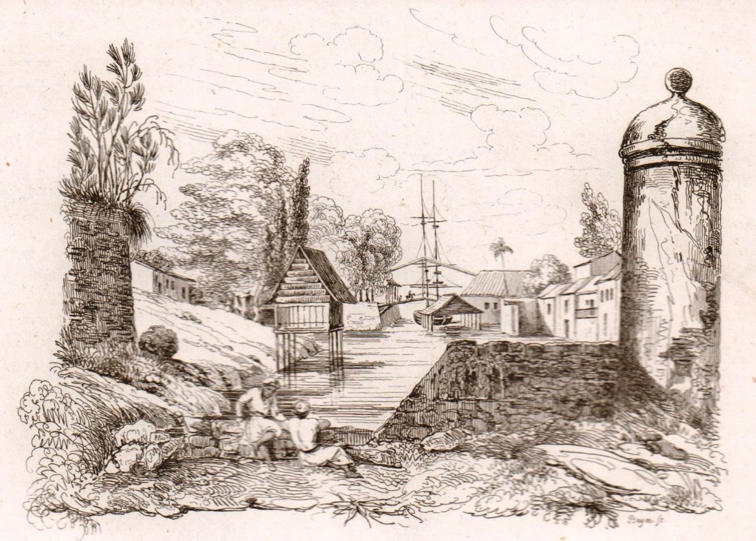 Port of Malacca. Malaysia. 1835.: Print of steel engraving titled „Port de Malacca“. Drawn by Sainson. Engraved by unknown. From „Voyage pittoresque autour du monde. Resume general des Voyages de decouvertes“ by M. Dumont D‘