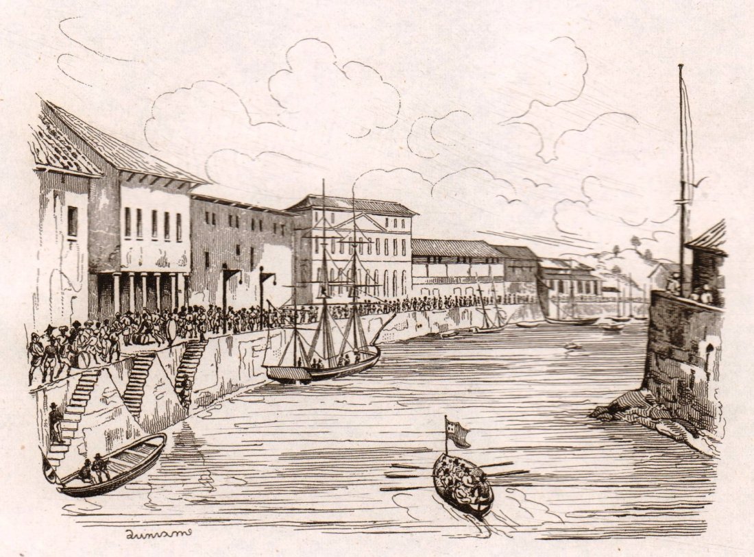 Singapore. Asia. 1835.: Print of steel engraving titled „Sincapour“. Drawn by unknown. Engraved by Dunaime. From „Voyage pittoresque autour du monde. Resume general des Voyages de decouvertes“ by M. Dumont D‘ Urvil