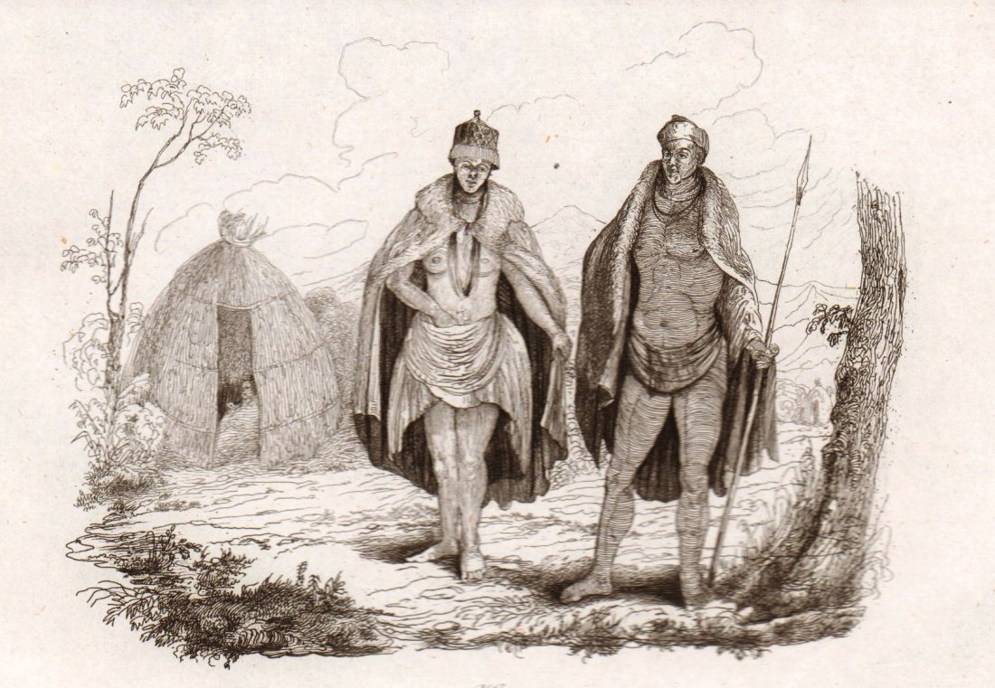 Hottentots. Africa. 1835.: Hottentots. Africa. 1835. Print of steel engraving titled „Hottentots“. Drawn by unknown. Engraved by unknown. From „Voyage pittoresque autour du monde. Resume general des Voyages de decouvertes