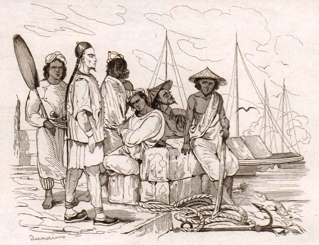 Marchand Chinese, Malay Fellowship Porters. Asia. 1835.: Print of steel engraving titled „Marchand Chinois, Portefaix Malais“. Drawn by unknown. Engraved by Dunaime. From „Voyage pittoresque autour du monde. Resume general des Voyages de decouvertes��