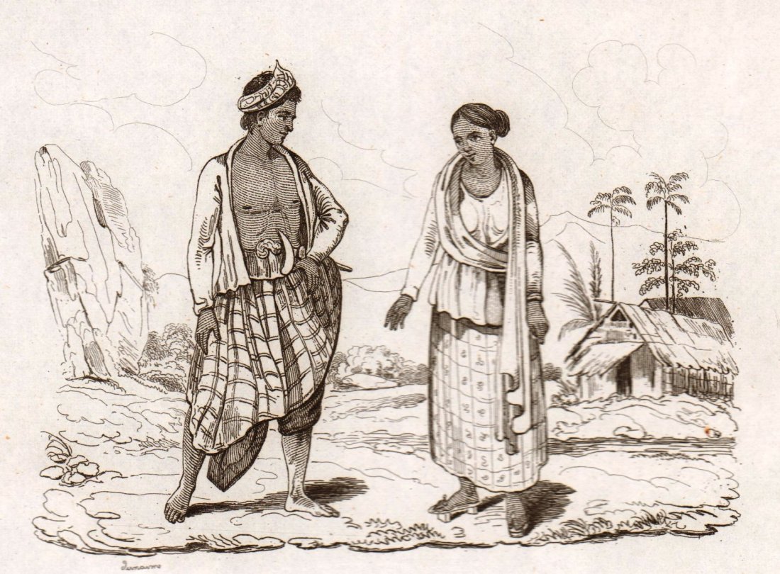 Man and Woman Malay. Malaysia. 1835.: Print of steel engraving titled „Homme et Femme Malais“. Drawn by Sainson. Engraved by Dunaime. From „Voyage pittoresque autour du monde. Resume general des Voyages de decouvertes“ by M. Dumon