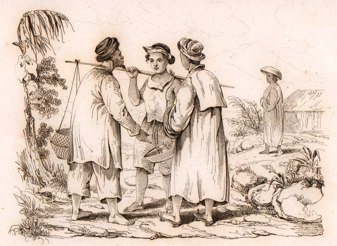 Costumes of the people. Cochinchinese. Vietnam. 1835.: Print of steel engraving titled „Costumes du peuple“. Drawn by unknown. Engraved by unknown. From „Voyage pittoresque autour du monde. Resume general des Voyages de decouvertes“ by M. Dumont D