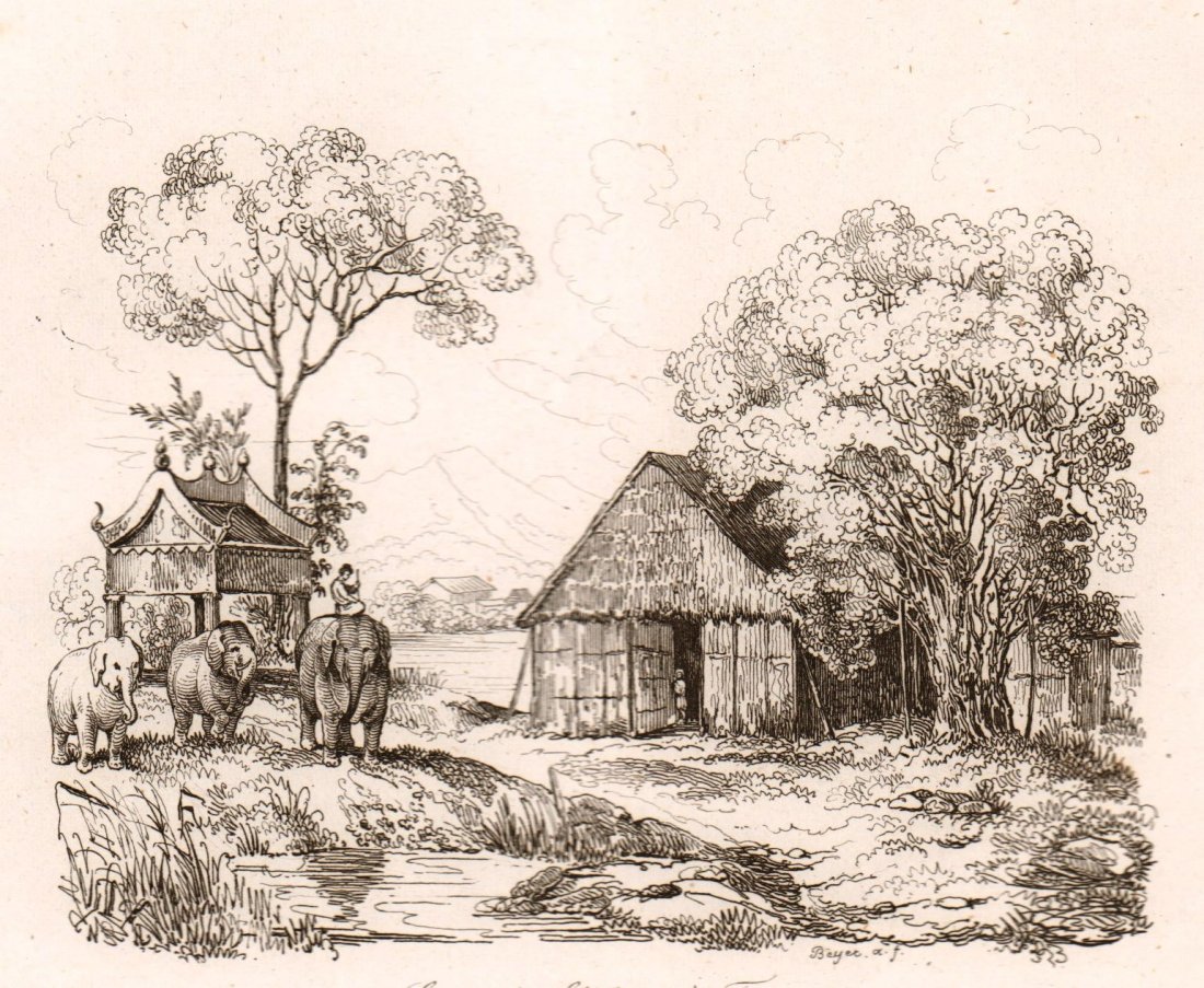 Elephants at Tourane or Da Nang. Vietnam. 1835.: Print of steel engraving titled „Ecurie des Elephants a Touranne“. Drawn by unknown. Engraved by Beyer. From „Voyage pittoresque autour du monde. Resume general des Voyages de decouvertes“ by 