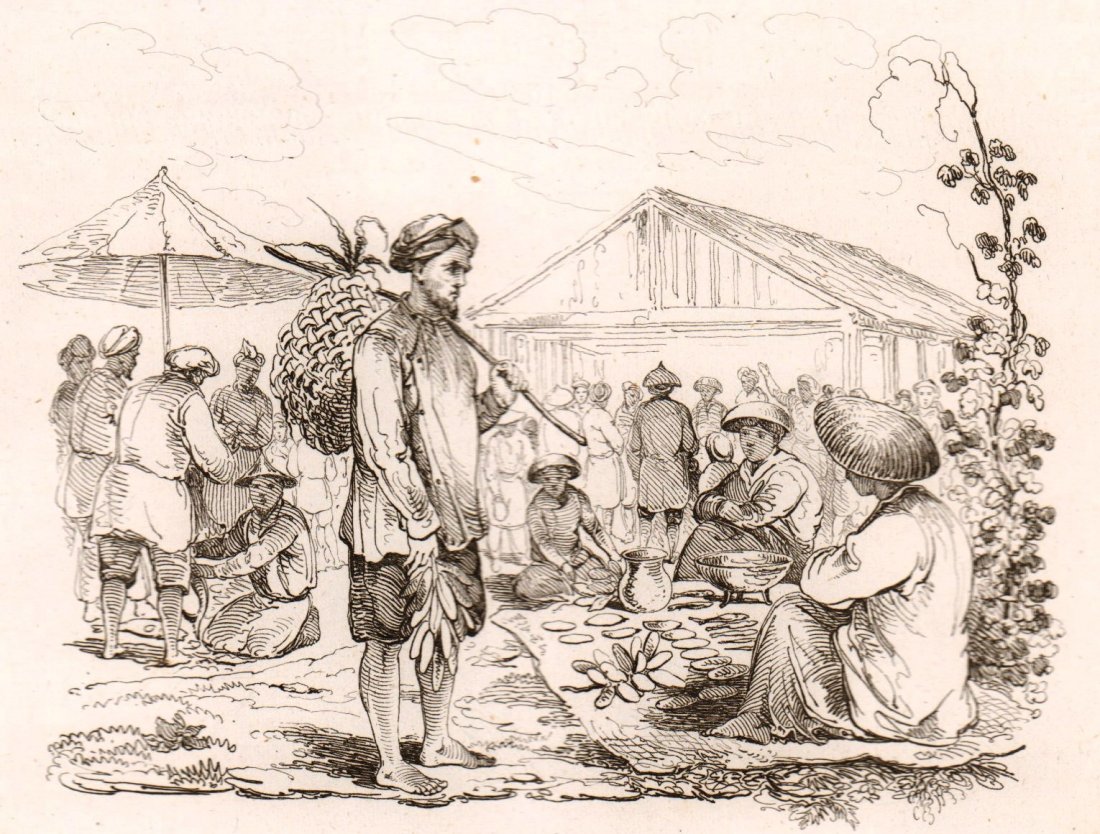 Walking Cochinchinese. Cochinchinese. Vietnam. 1835.: Print of steel engraving titled „Marche Cochinchinois“. Drawn by unknown. Engraved by unknown. From „Voyage pittoresque autour du monde. Resume general des Voyages de decouvertes“ by M. Dumont