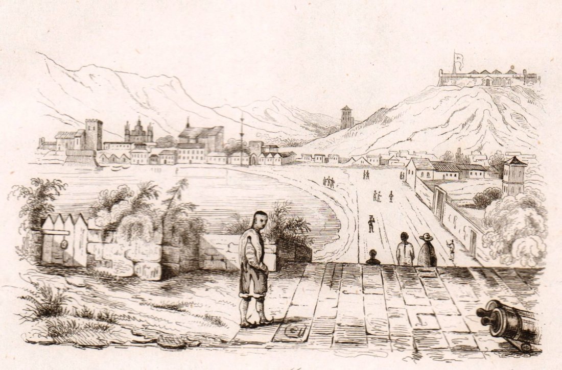 Macau. China. 1835.: Print of steel engraving titled „Macao“. Drawn by unknown. Engraved by Beyer. From „Voyage pittoresque autour du monde. Resume general des Voyages de decouvertes“ by M. Dumont D‘ Urville, Pa