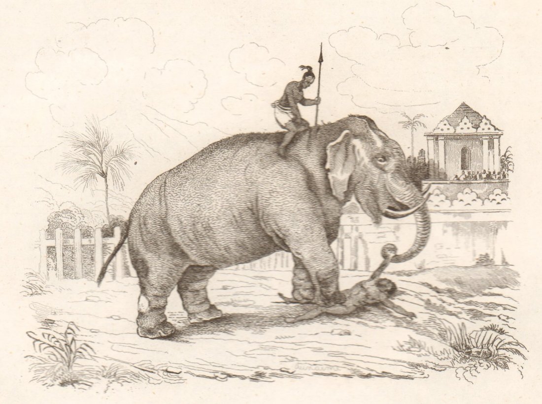 Torment of a Criminal. Ceylon. Sri Lanka. 1835.: Print of steel engraving titled „Supplice d‘un Criminel“. Drawn by unknown. Engraved by unknown. From „Voyage pittoresque autour du monde. Resume general des Voyages de decouvertes“ by M. Du