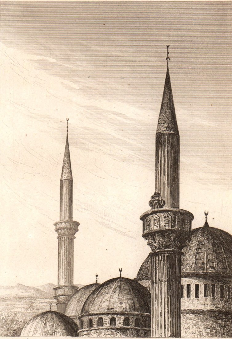 Muezzin announcing Prayer. Arabia. 1847.: Print of steel engraving titled „Muezzin annoncant la Priere“. Drawn by unknown. Engraved by unknown. From „L‘Univers. Histoire et description de tous les peuples. Arabie. Par M. Noel Desverge
