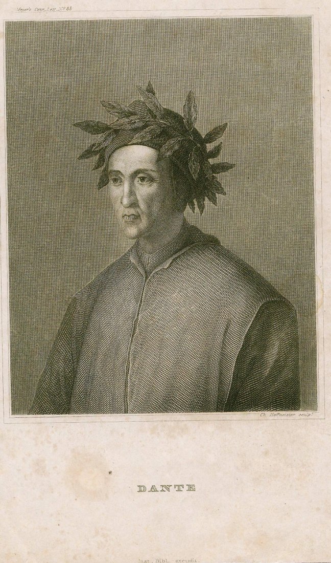 Portrait of Dante. Italy. ~1850.: Print from steel engraving titled, „Dante“. Artist unknown. Engraved by Ch. Hoffmeister. Notes: Meyar‘s Conv. Lex. Nᵒ 85. Durante degli Alighieri, simply called Dante, was a major Italian 