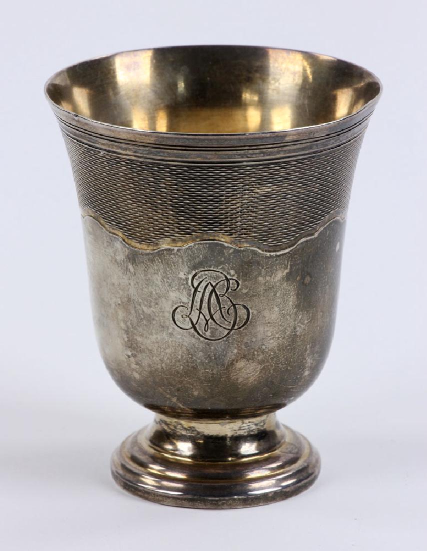 Engraved French Silver Cup: Cup, French silver, having decorative engraving on front with French mark, approximately 3.2 troy ounces total weight. Provenance: from the lifetime collection of Cheryl Burke of Sarasota, Florida.