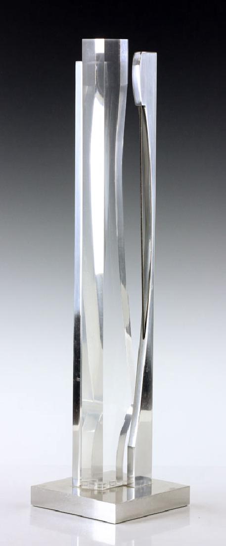 Helsmoortel, Modern Sculpture, Acrylic and Metal: Robert Helsmoortel (Belgian, 1922-2007), modern sculpture, aluminum and acrylic, 24" high x 6" wide. To include personalized catalog signed by Helsmoortel. Provenance: from the Michael Burrows collect