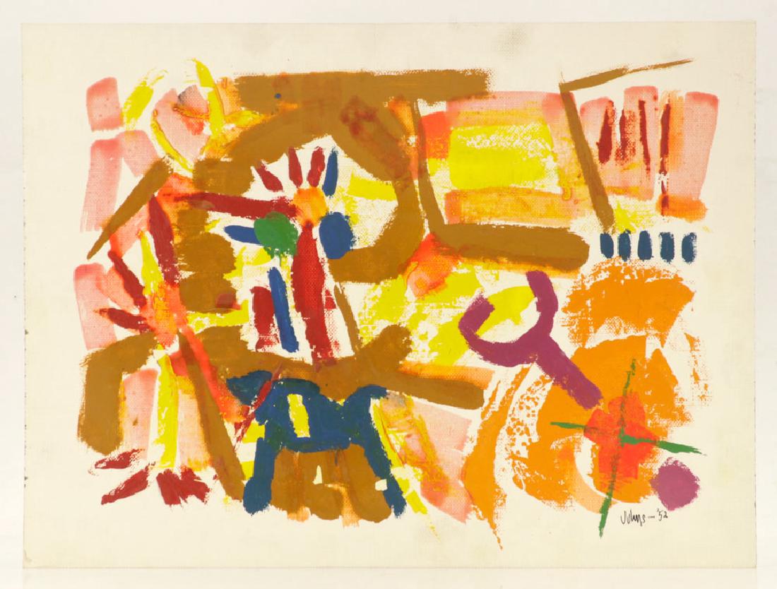 After Johns, Abstract, Encaustic on Paper: After Jasper Johns, colorful abstract, encaustic on paper, signed and dated "Johns '52" lower right, 12" high x 16" wide (view). Provenance: from a Massachusetts estate.