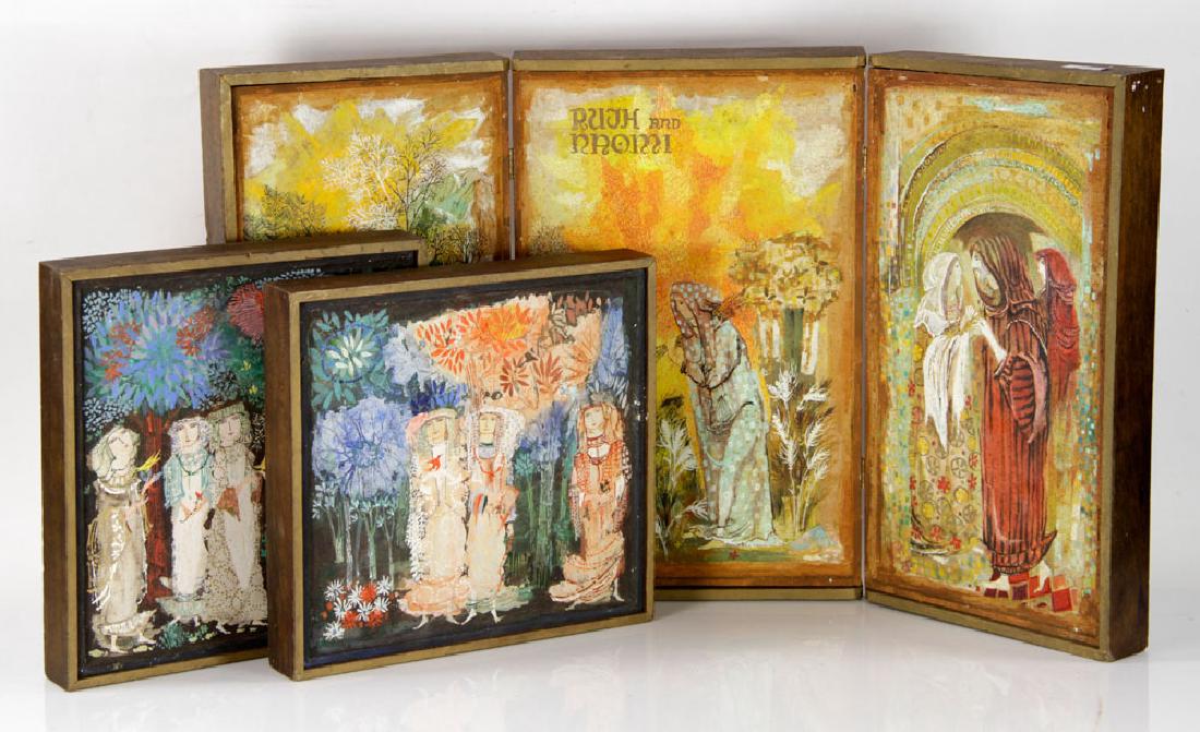 Barrer, Three Works, Oil on Board: Gertrude Barrer (American, 1921-1992), one triptych and two paintings, oil on board, 18" high x 31 1/2" wide. Provenance: from a Florida estate.