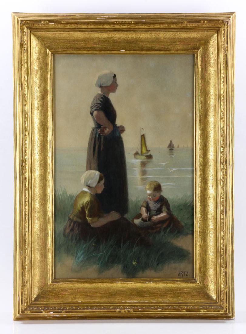 Artz, Family at Seaside, Gouache: David Adolph Artz (Dutch, 1937-1890), mother and children at the sea shore, gouache, signed lower right, dated 1921 verso, having label for Vose Galleries, 22" high x 14" wide (view), 29" high x 21" w