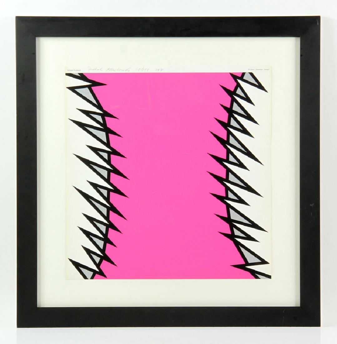 Krushenick, Untitled, Silkscreen: Nicholas Krushenick (American, 1929-1999), untitled, silkscreen print, signed by the artist, dated 1971 and numbered in pencil, having RO Gallery label verso, 17" square. Provenance: from a Florida es