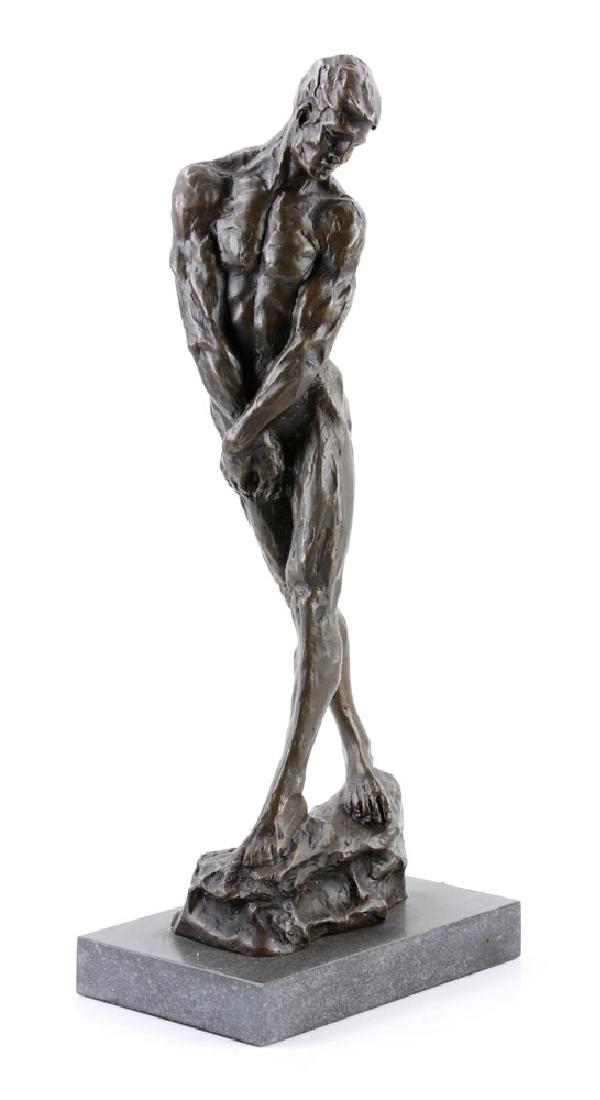 After Rodin, Male Nude, Bronze: After Auguste Rodin, male nude, bronze, on marble plinth, 17 3/4" high x 4" wide x 6" deep. Provenance: from a Connecticut estate.