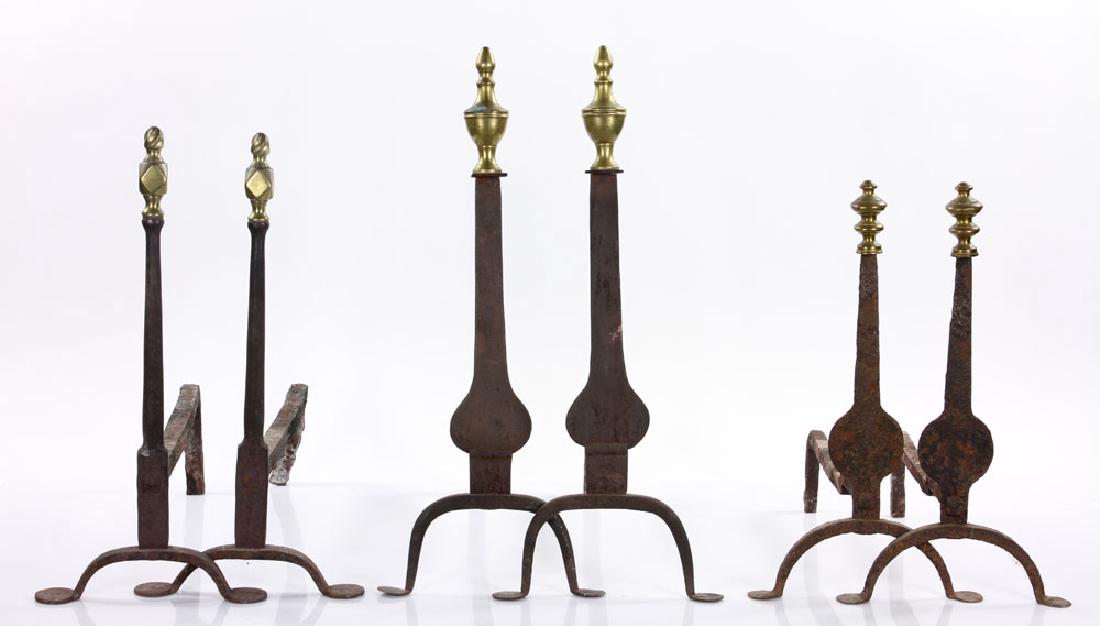 Three Chippendale Andiron Sets: Three pairs of Federal era Chippendale andirons, two pairs in knife blade form, tallest 17" high, largest 18" deep. Provenance: from a Massachusetts estate.