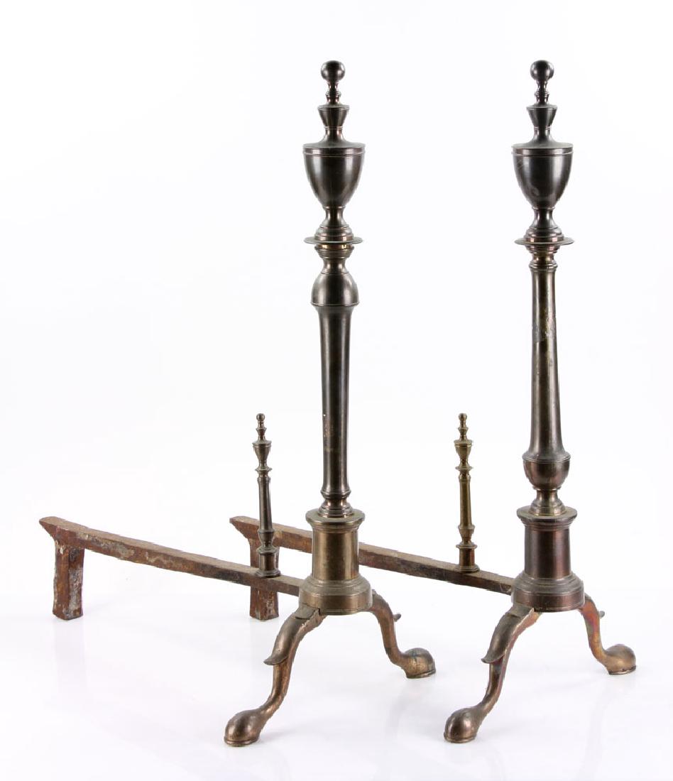 Pair of 18th C. American Bell Andirons: Pair of 18th century American bevel steeple top andirons and logstops, metal, 26 1/4" high.