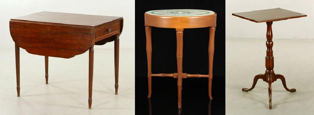 Three Tables: Lot of three tables, to include: 19th century small platter top table, oval shaped, Staffordshire platter drain or mezzanine top, light green glaze, wooden base, 17" high x 14" wide; Sheraton Pembroke