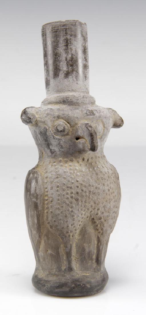 Pre-Columbian Clay Owl Vessel: Pre-Columbian owl vessel, clay, 6 1/2" high x 2 1/2" wide. Provenance: from the estate of the late Harry Reed Everson, an avid collector from Marblehead, Massachusetts.