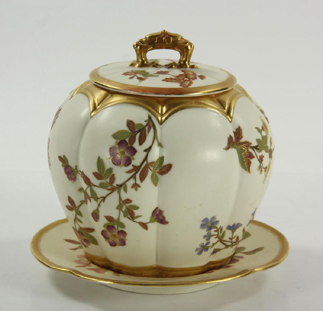 Royal Worcester Cracker Jar and Plate: Royal Worcester cracker jar and plate. Provenance: from the lifetime collection of the family of John Downs of Palm Beach Gardens, Florida.