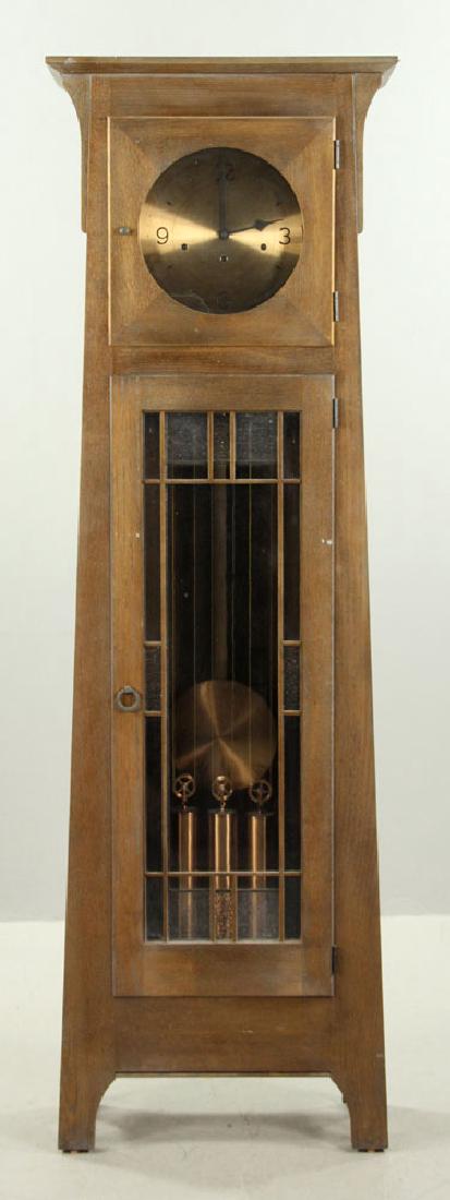 Ethan Allen Mission Oak Tall Clock: Vintage Mission oak tall clock, by Ethan Allen, with leaded glass, 78" h x 24 1/2" w (at top). Provenance: From a Marblehead, Massachusetts estate.